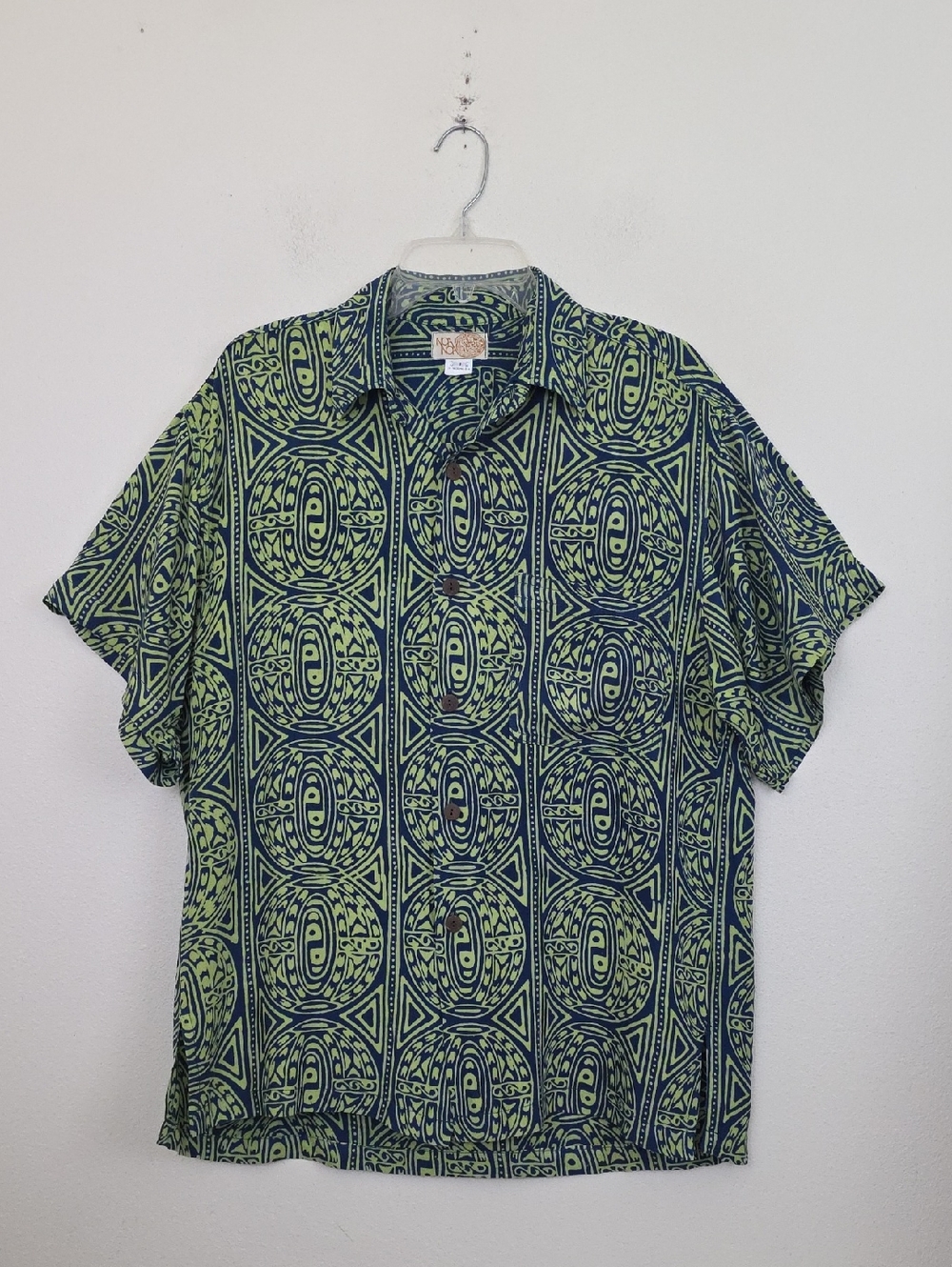 Noa Noa Hawaiian Green & Navy Geometric Short Sleeve Shirt (Read size variance)S
